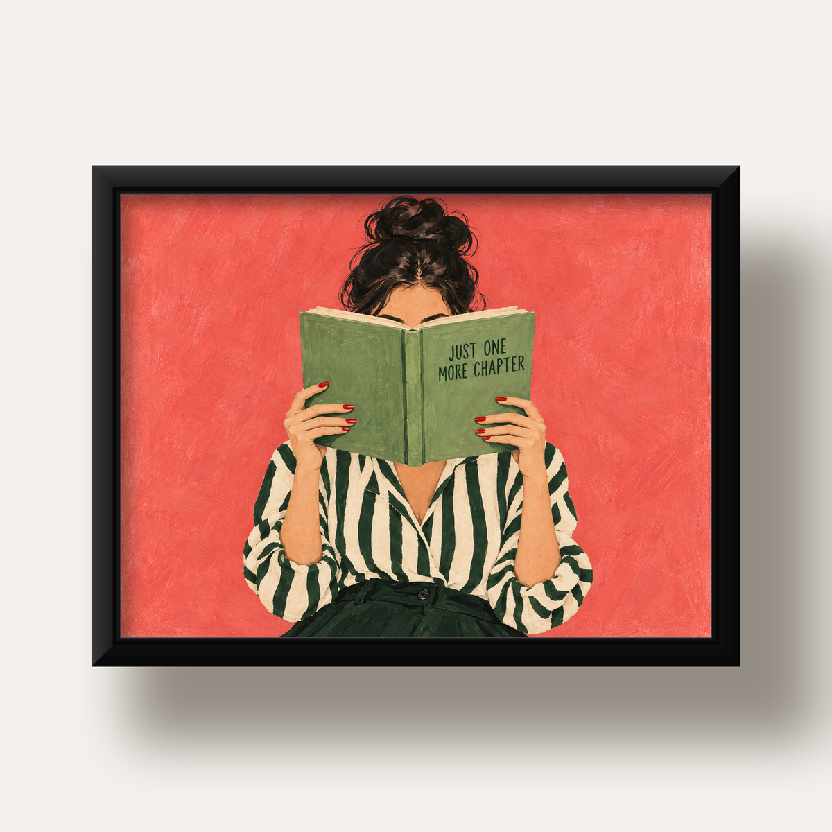 Kitap Okuyan Kadın İllüstrasyonlu Poster – Just One More Chapter — siyah derin çerçeveli