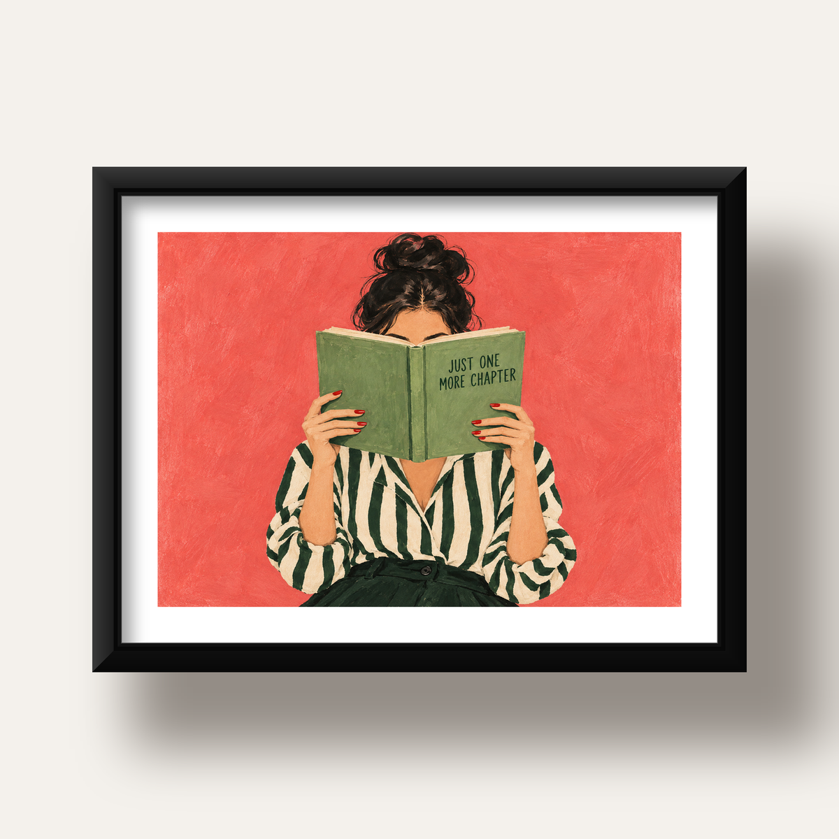 Kitap Okuyan Kadın İllüstrasyonlu Poster – Just One More Chapter — siyah derin çerçeveli paspartulu