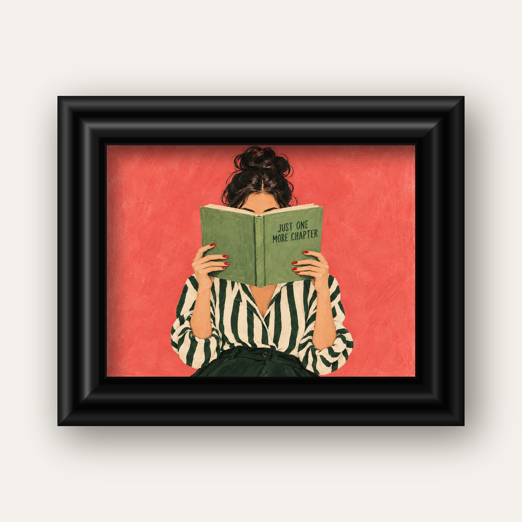 Kitap Okuyan Kadın İllüstrasyonlu Poster – Just One More Chapter — siyah galeri çerçeveli