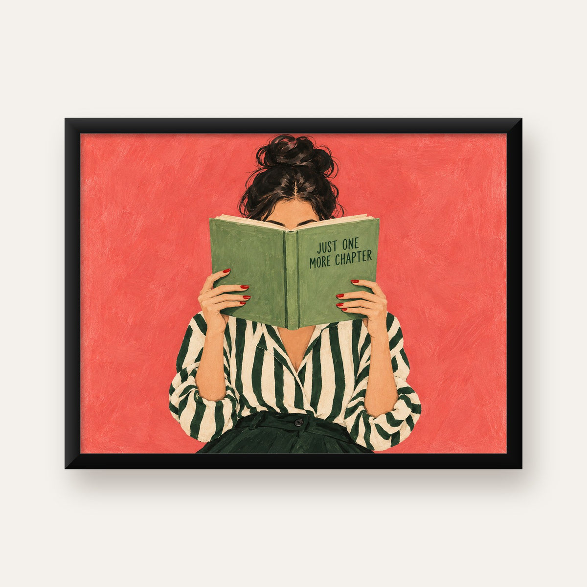 Kitap Okuyan Kadın İllüstrasyonlu Poster – Just One More Chapter — Yatay baskı, düz siyah çerçeveli duvar posteri