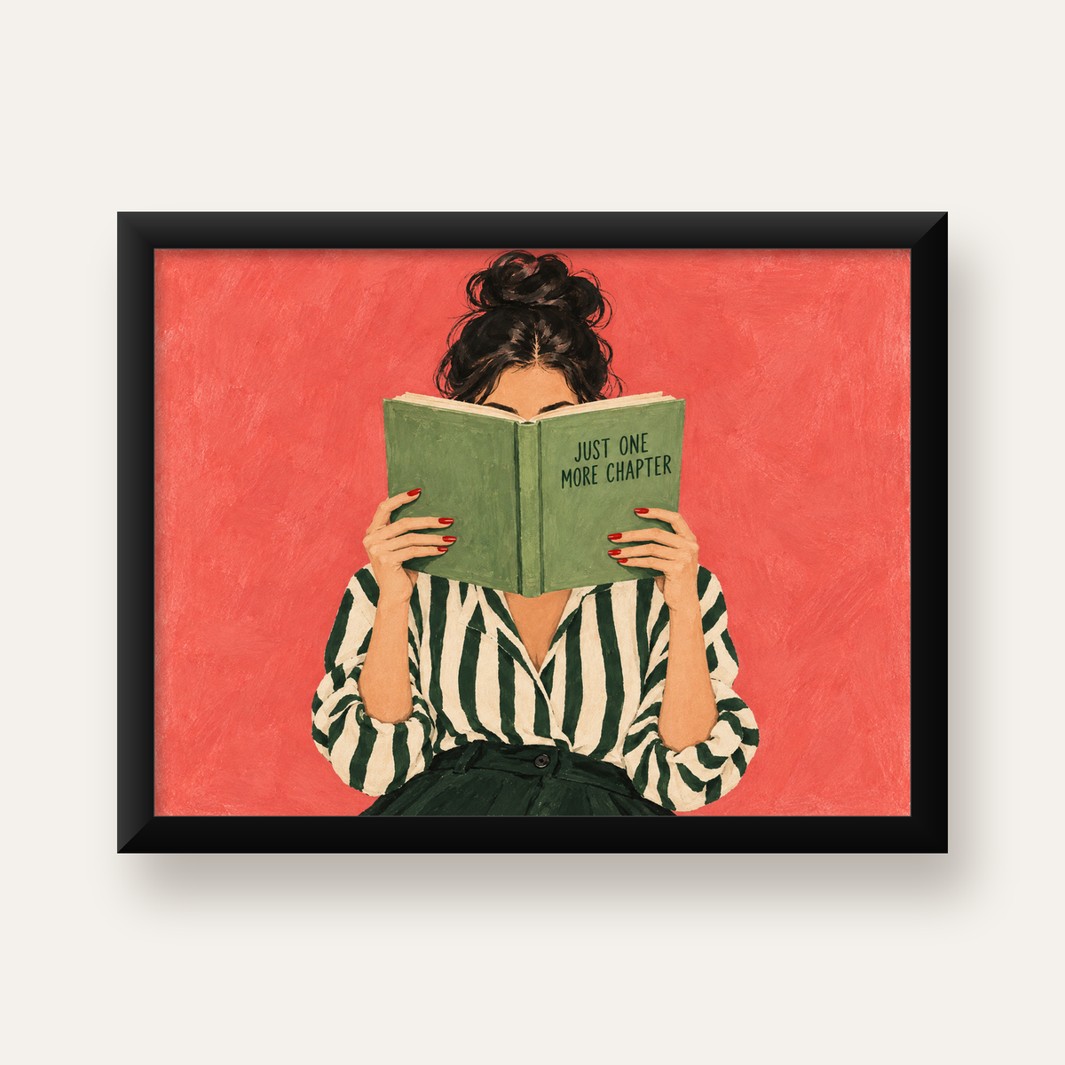 Kitap Okuyan Kadın İllüstrasyonlu Poster – Just One More Chapter — Yatay baskı, düz siyah çerçeveli duvar posteri