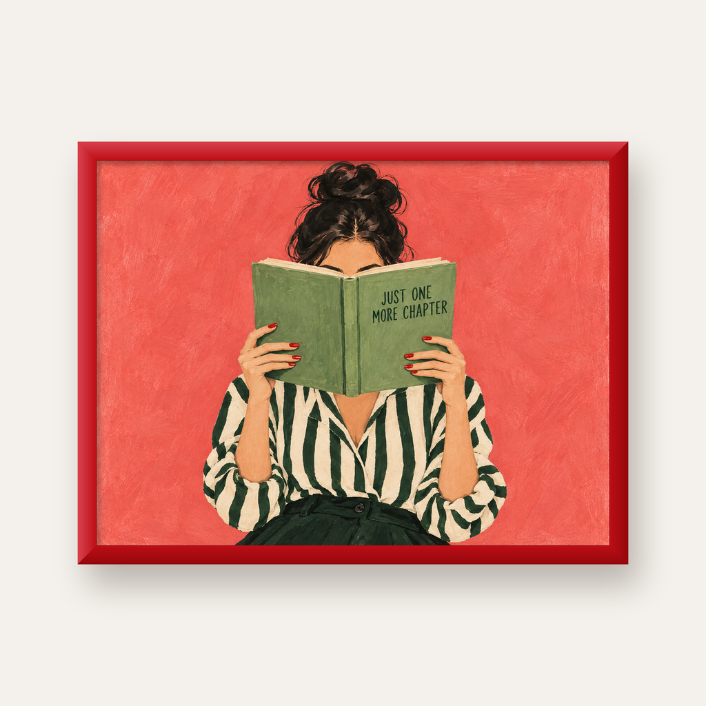 Kitap Okuyan Kadın İllüstrasyonlu Poster – Just One More Chapter — kırmızı çerçeveli