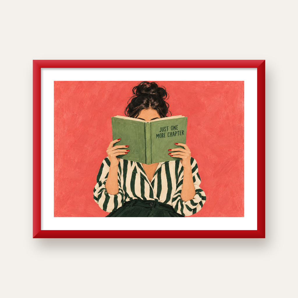 Kitap Okuyan Kadın İllüstrasyonlu Poster – Just One More Chapter — kırmızı çerçeveli paspartulu