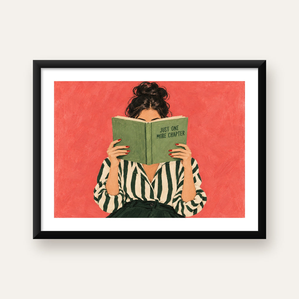 Kitap Okuyan Kadın İllüstrasyonlu Poster – Just One More Chapter — Yatay baskı, beyaz paspartulu