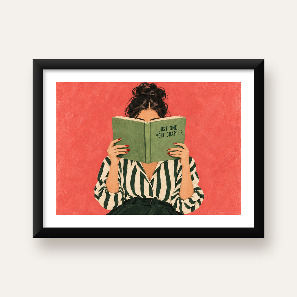 Kitap Okuyan Kadın İllüstrasyonlu Poster – Just One More Chapter — Yatay baskı, beyaz paspartulu