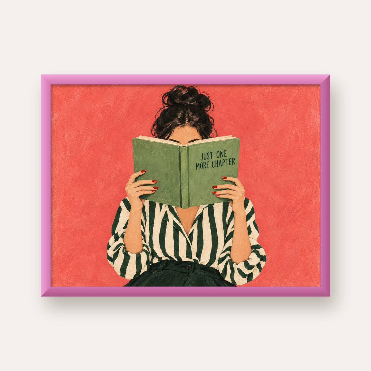 Kitap Okuyan Kadın İllüstrasyonlu Poster – Just One More Chapter — pembe çerçeveli