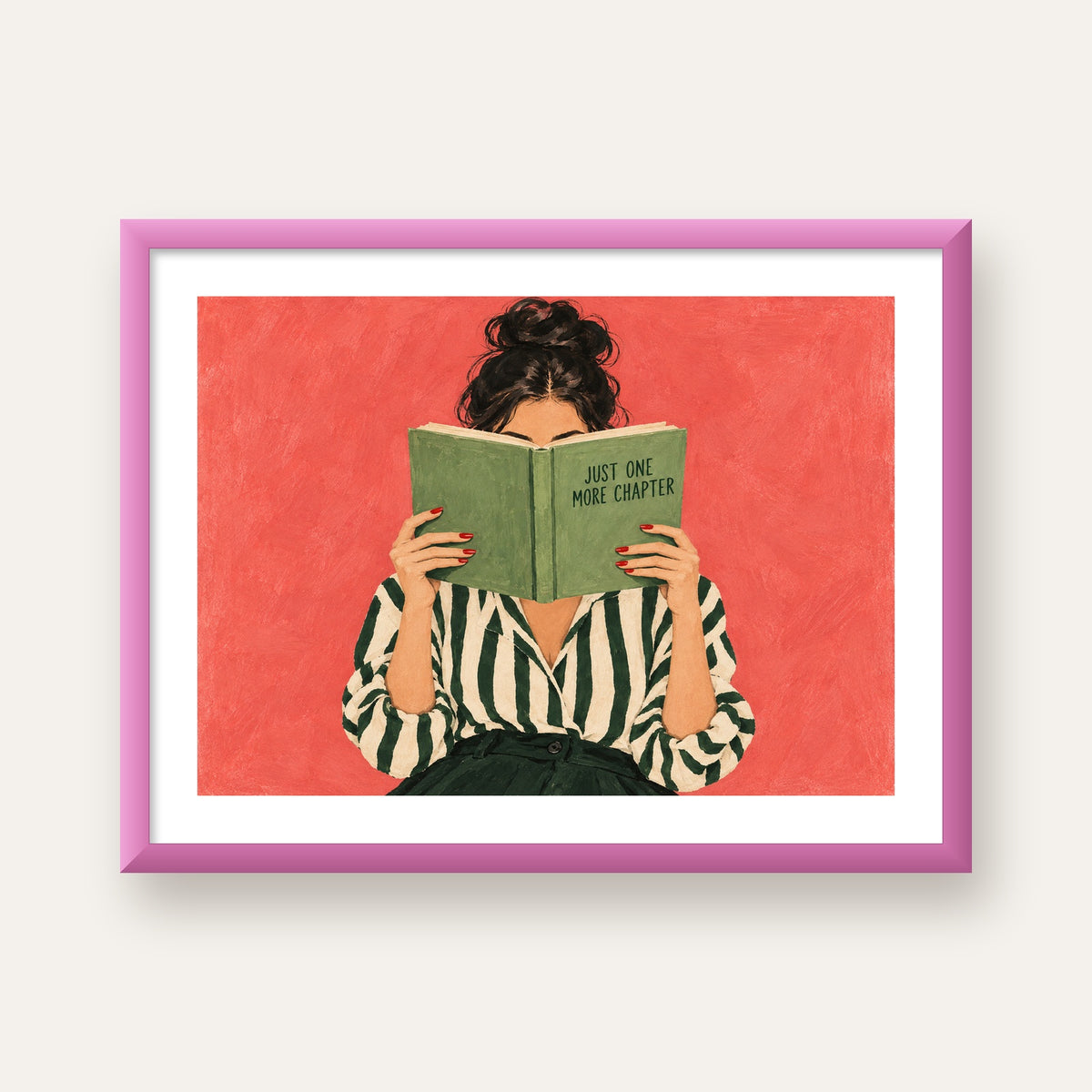 Kitap Okuyan Kadın İllüstrasyonlu Poster – Just One More Chapter — pembe çerçeveli paspartulu