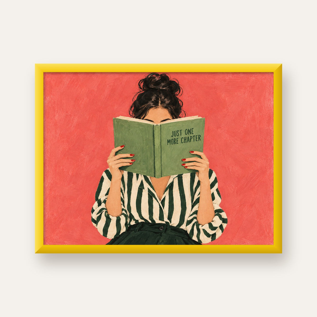 Kitap Okuyan Kadın İllüstrasyonlu Poster – Just One More Chapter — sarı çerçeveli