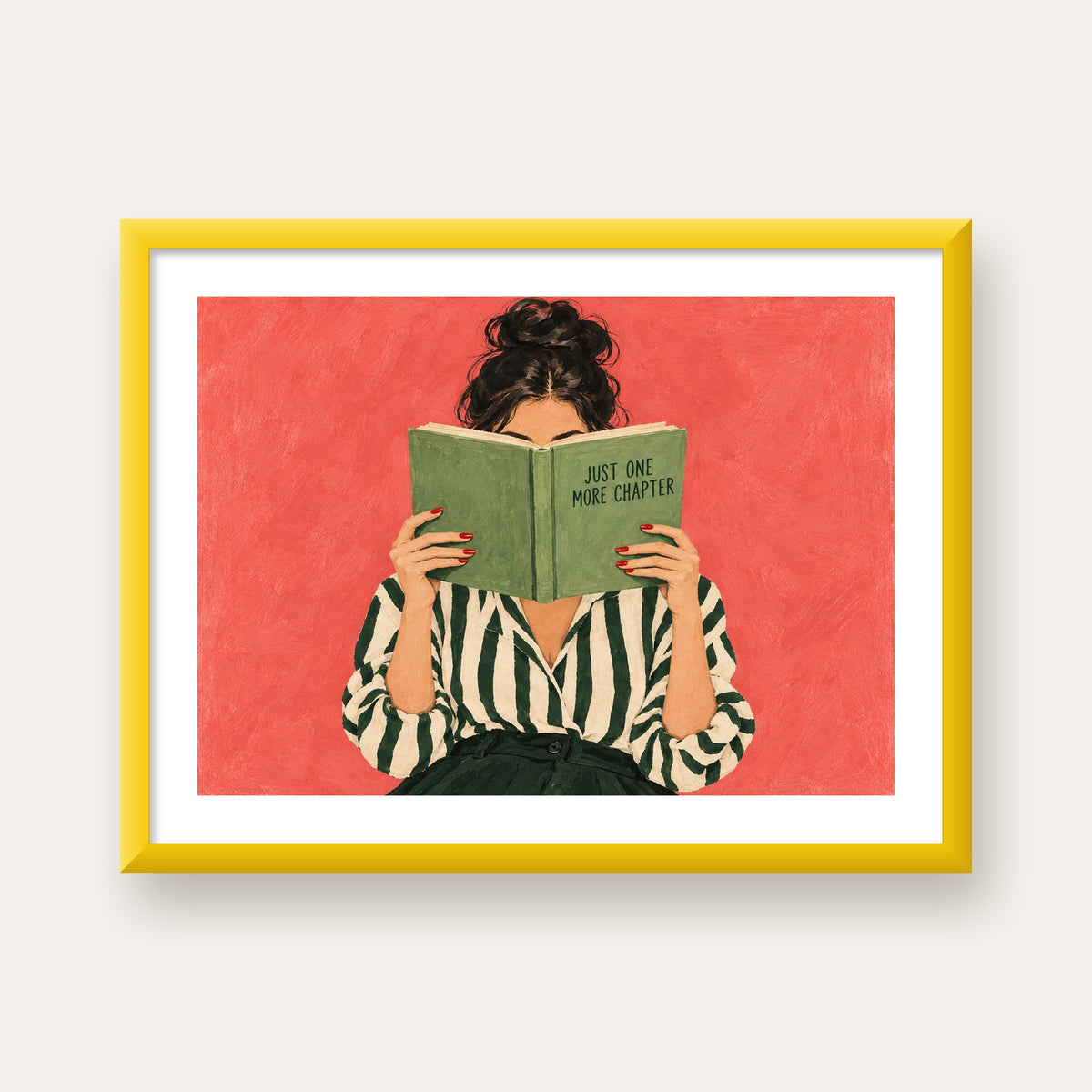 Kitap Okuyan Kadın İllüstrasyonlu Poster – Just One More Chapter — sarı çerçeveli paspartulu