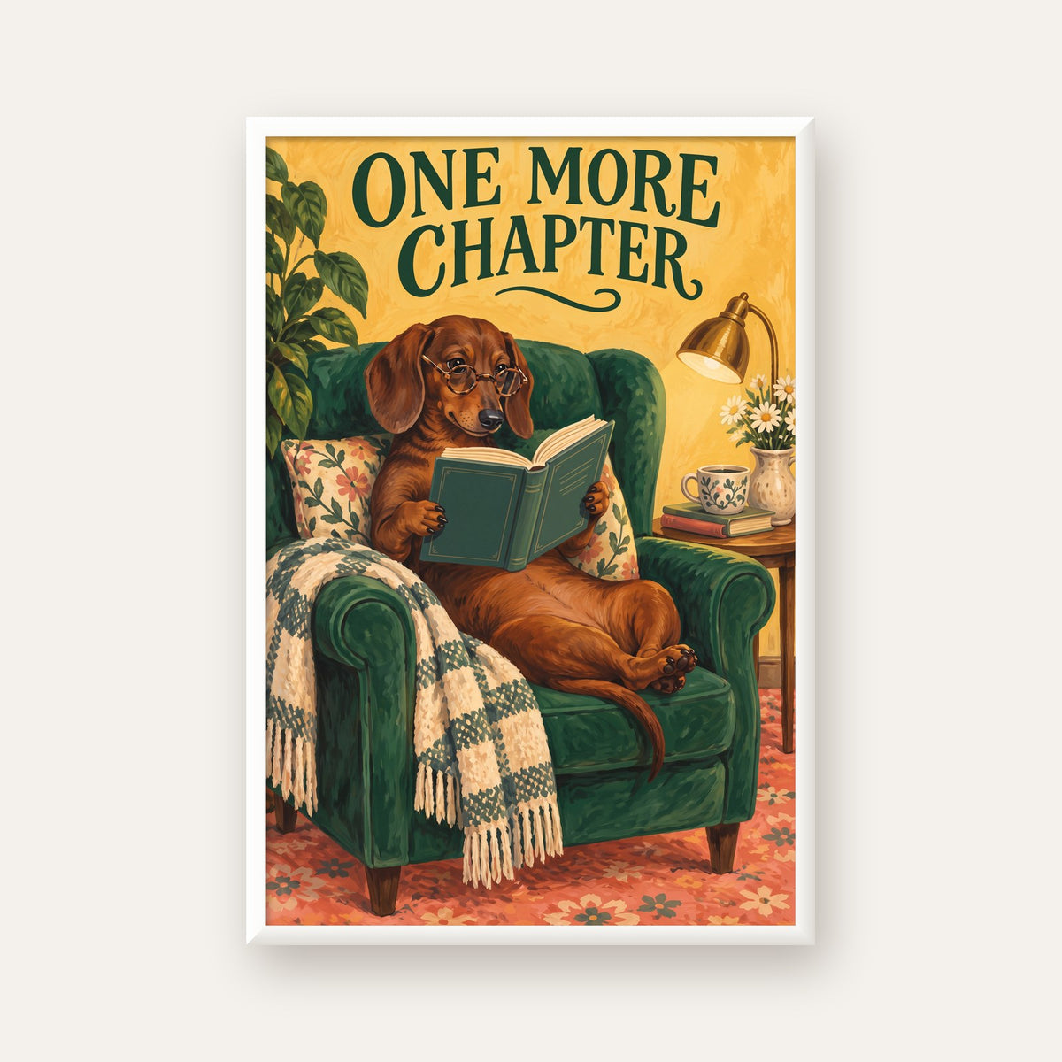 Kitap Okuyan Dachshund Köpek Yağlı Boya Poster — beyaz çerçeveli dikey poster