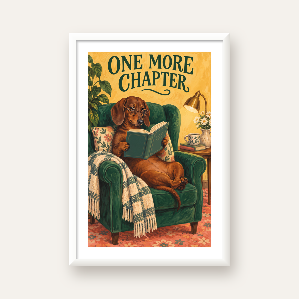 Kitap Okuyan Dachshund Köpek Yağlı Boya Poster — beyaz çerçeveli dikey poster