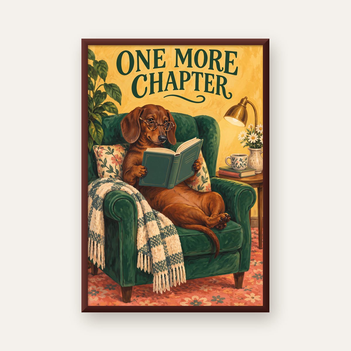 Kitap Okuyan Dachshund Köpek Yağlı Boya Poster — ceviz çerçeveli