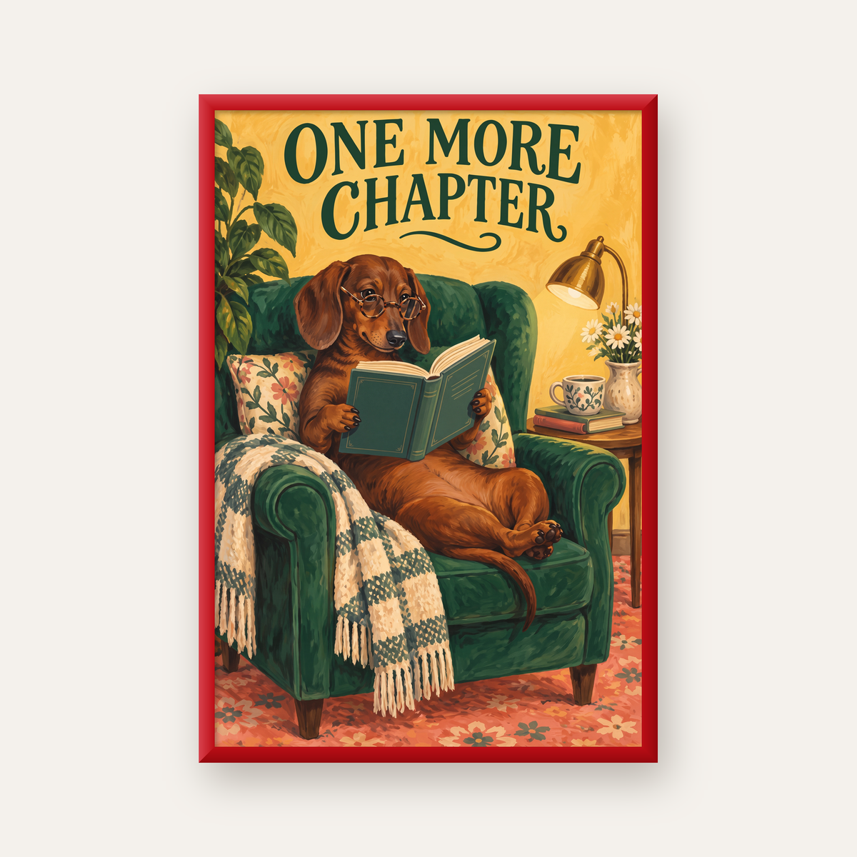 Kitap Okuyan Dachshund Köpek Yağlı Boya Poster — kırmızı çerçeveli
