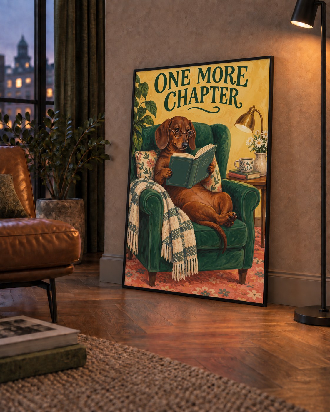Kitap Okuyan Dachshund Köpek Yağlı Boya Poster — çerçeveli hâliyle bir ev duvarında