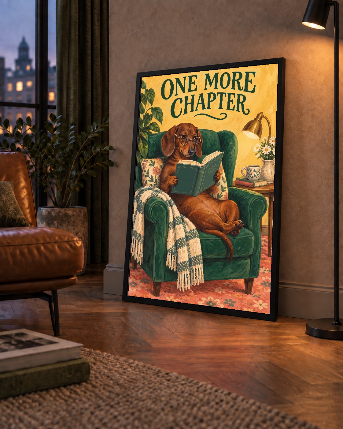 Kitap Okuyan Dachshund Köpek Yağlı Boya Poster
