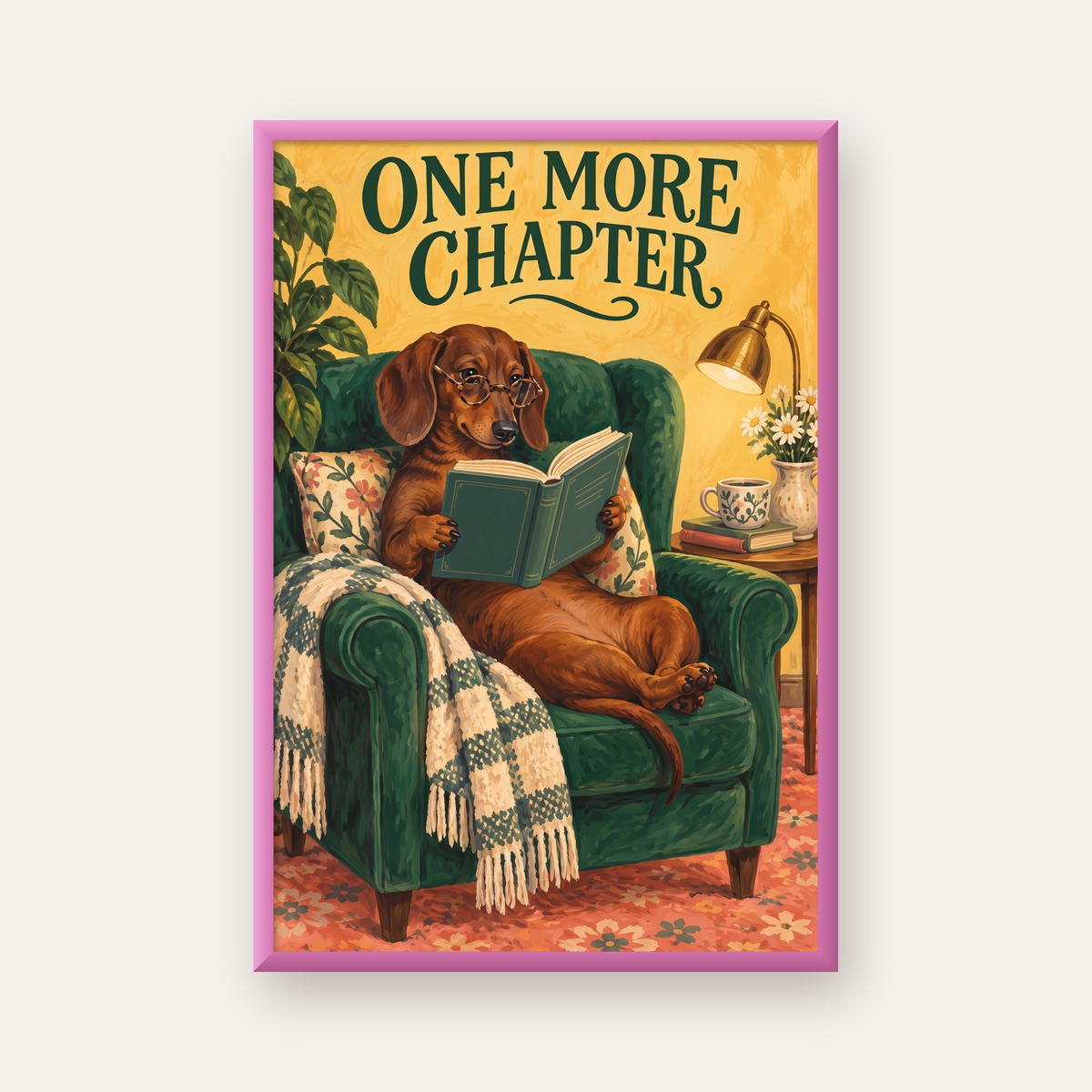 Kitap Okuyan Dachshund Köpek Yağlı Boya Poster — pembe çerçeveli