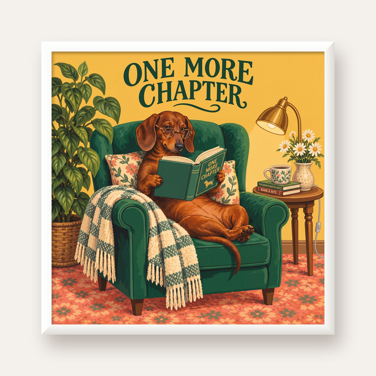 Kitap Okuyan Dachshund Köpek Yağlı Boya Poster — beyaz çerçeveli kare poster