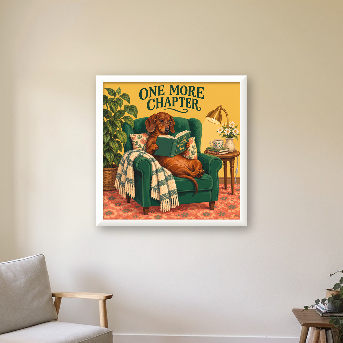 Kitap Okuyan Dachshund Köpek Yağlı Boya Poster — beyaz çerçeveli kare poster