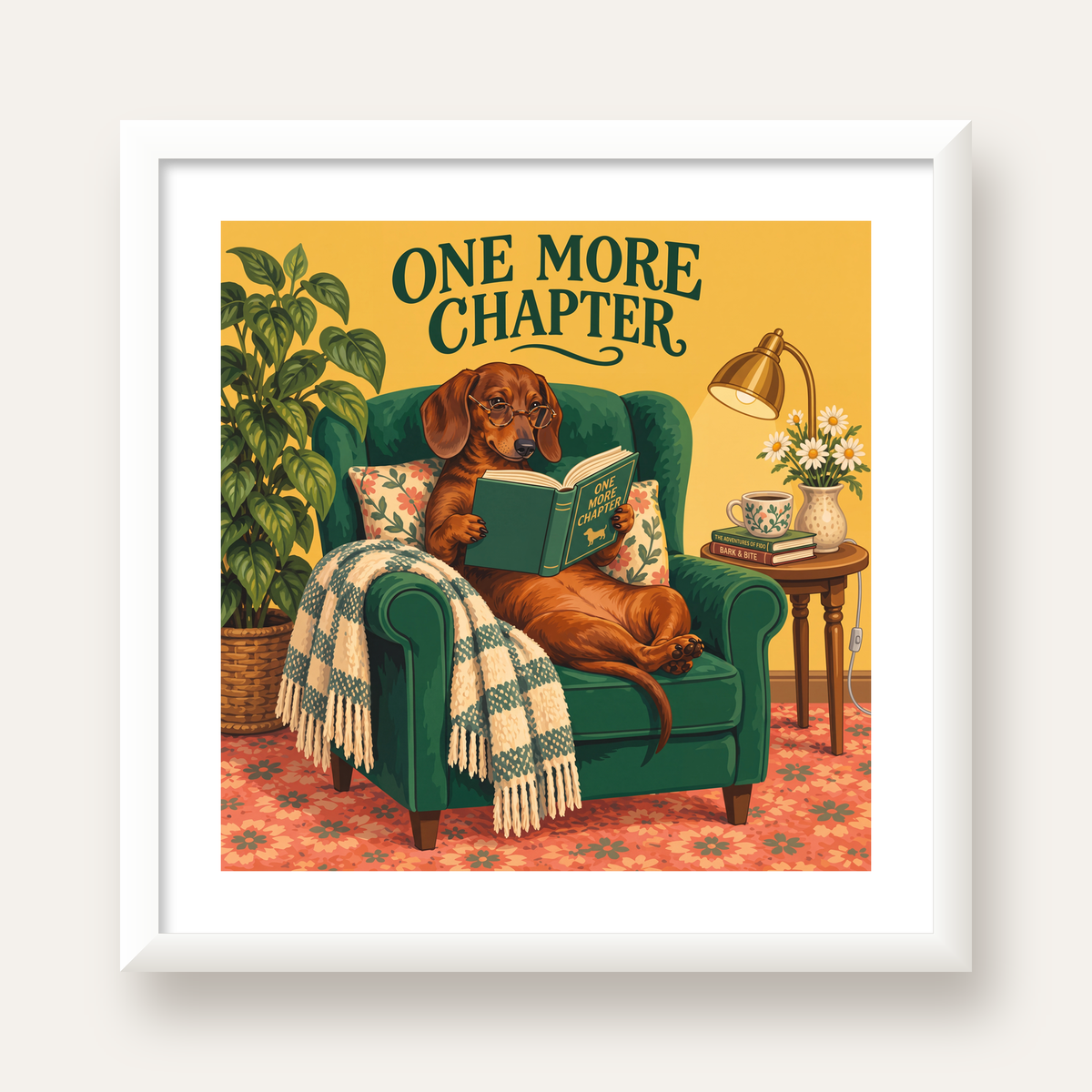 Kitap Okuyan Dachshund Köpek Yağlı Boya Poster — beyaz çerçeveli kare poster