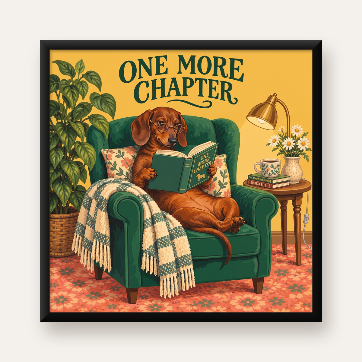 Kitap Okuyan Dachshund Köpek Yağlı Boya Poster — Kare baskı, düz siyah çerçeveli duvar posteri