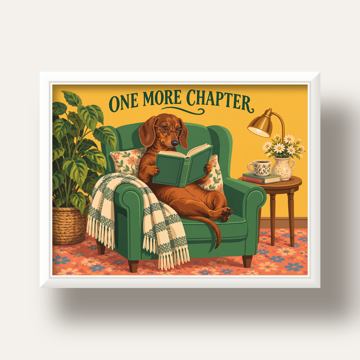 Kitap Okuyan Dachshund Köpek Yağlı Boya Poster — beyaz derin çerçeveli