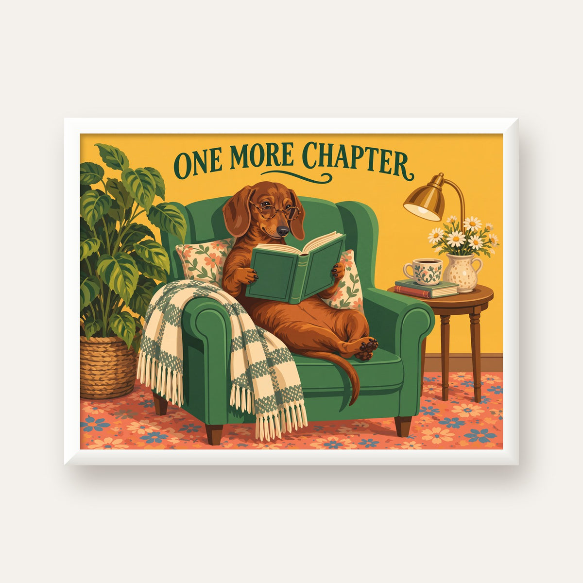 Kitap Okuyan Dachshund Köpek Yağlı Boya Poster — beyaz çerçeveli yatay poster