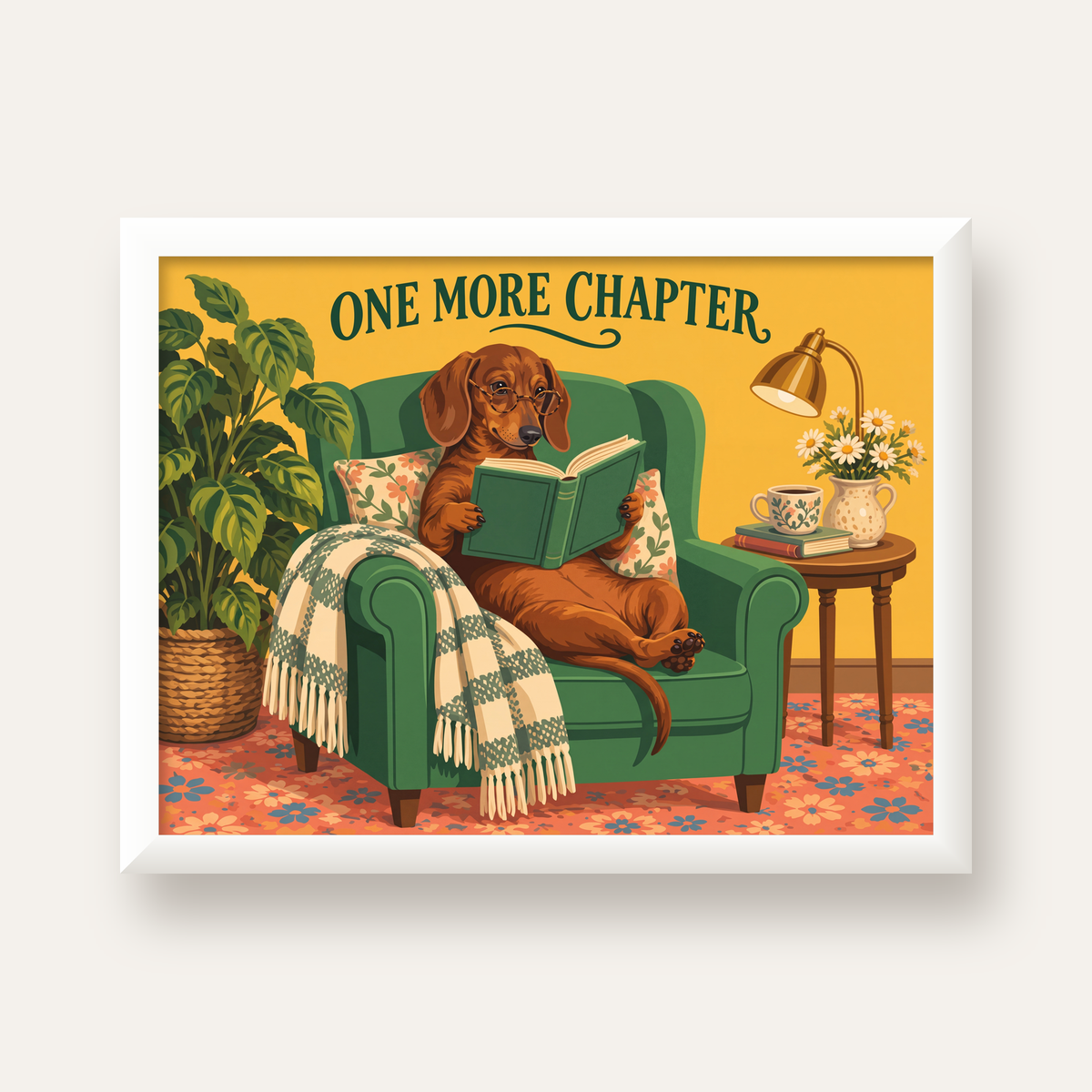 Kitap Okuyan Dachshund Köpek Yağlı Boya Poster — beyaz çerçeveli yatay poster
