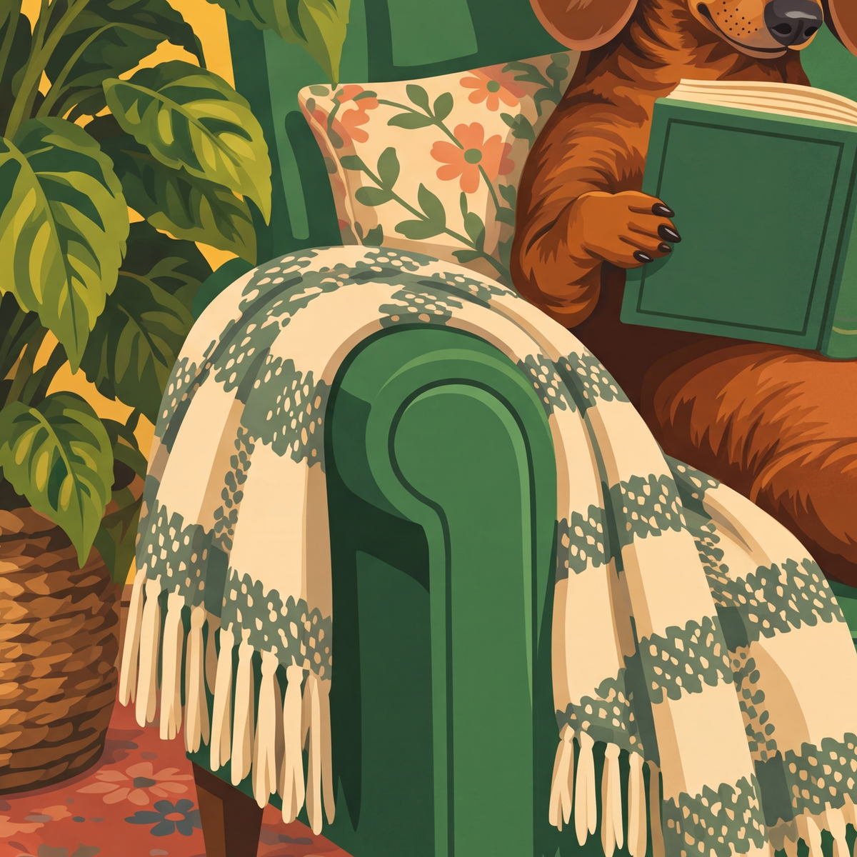 Kitap Okuyan Dachshund Köpek Yağlı Boya Poster — baskının yakın çekimi, kâğıt dokusu ve renk detayı
