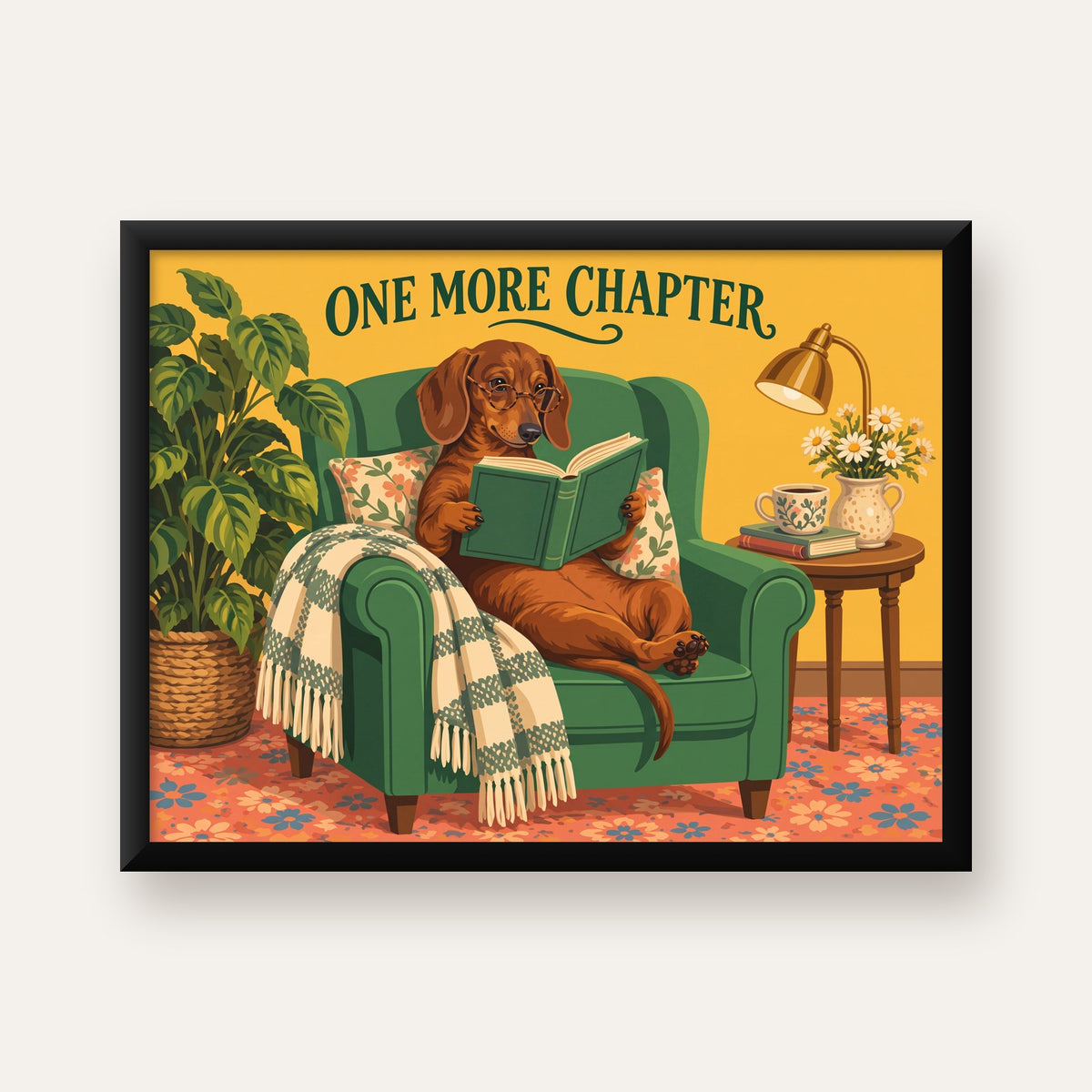 Kitap Okuyan Dachshund Köpek Yağlı Boya Poster — Yatay baskı, düz siyah çerçeveli duvar posteri
