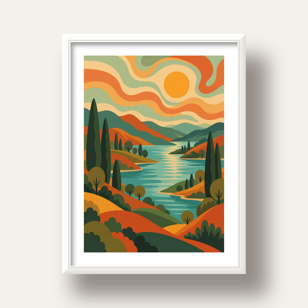 Retro Manzara ve Göl Poster - Modern Renkli Sanat Baskısı — beyaz derin çerçeveli paspartulu