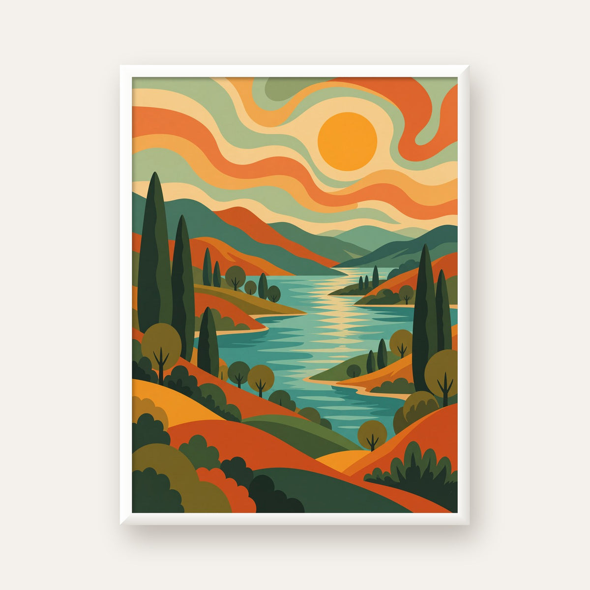 Retro Manzara ve Göl Poster - Modern Renkli Sanat Baskısı — beyaz çerçeveli dikey poster