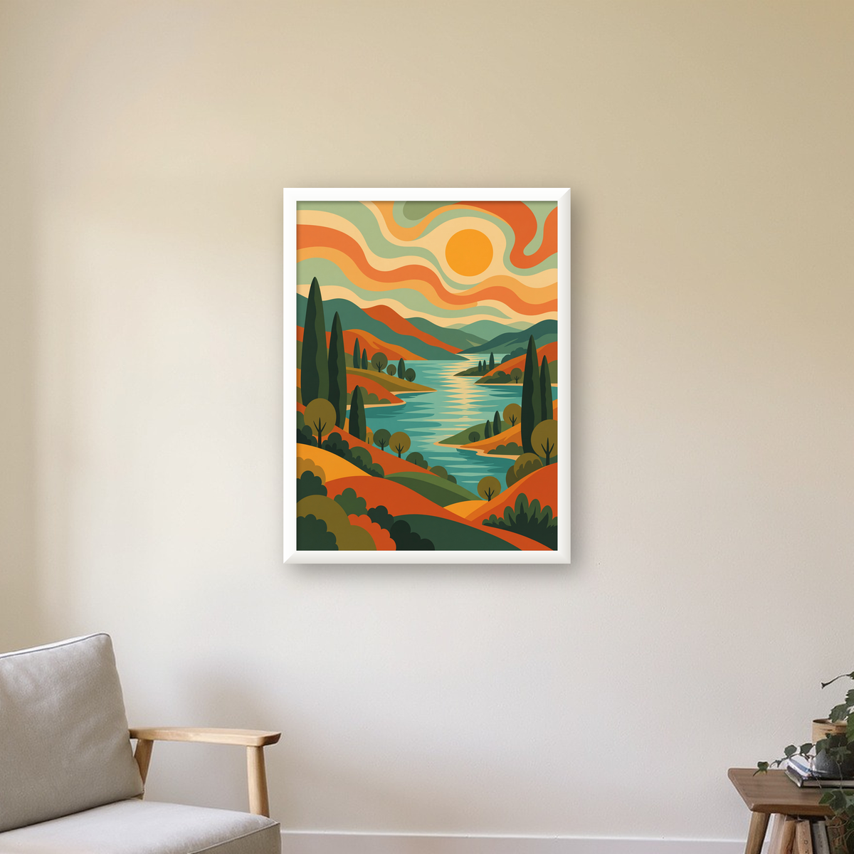 Retro Manzara ve Göl Poster - Modern Renkli Sanat Baskısı — beyaz çerçeveli dikey poster