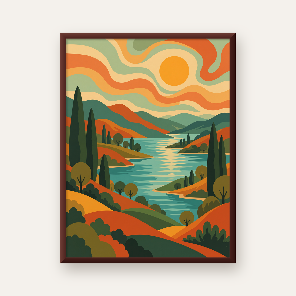 Retro Manzara ve Göl Poster - Modern Renkli Sanat Baskısı — ceviz çerçeveli