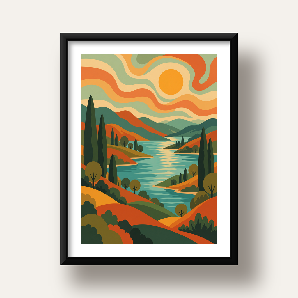 Retro Manzara ve Göl Poster - Modern Renkli Sanat Baskısı — siyah derin çerçeveli paspartulu