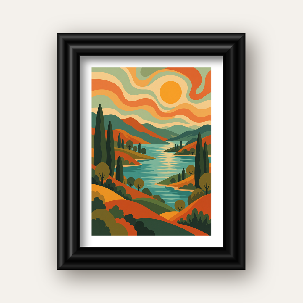 Retro Manzara ve Göl Poster - Modern Renkli Sanat Baskısı — siyah galeri çerçeveli paspartulu