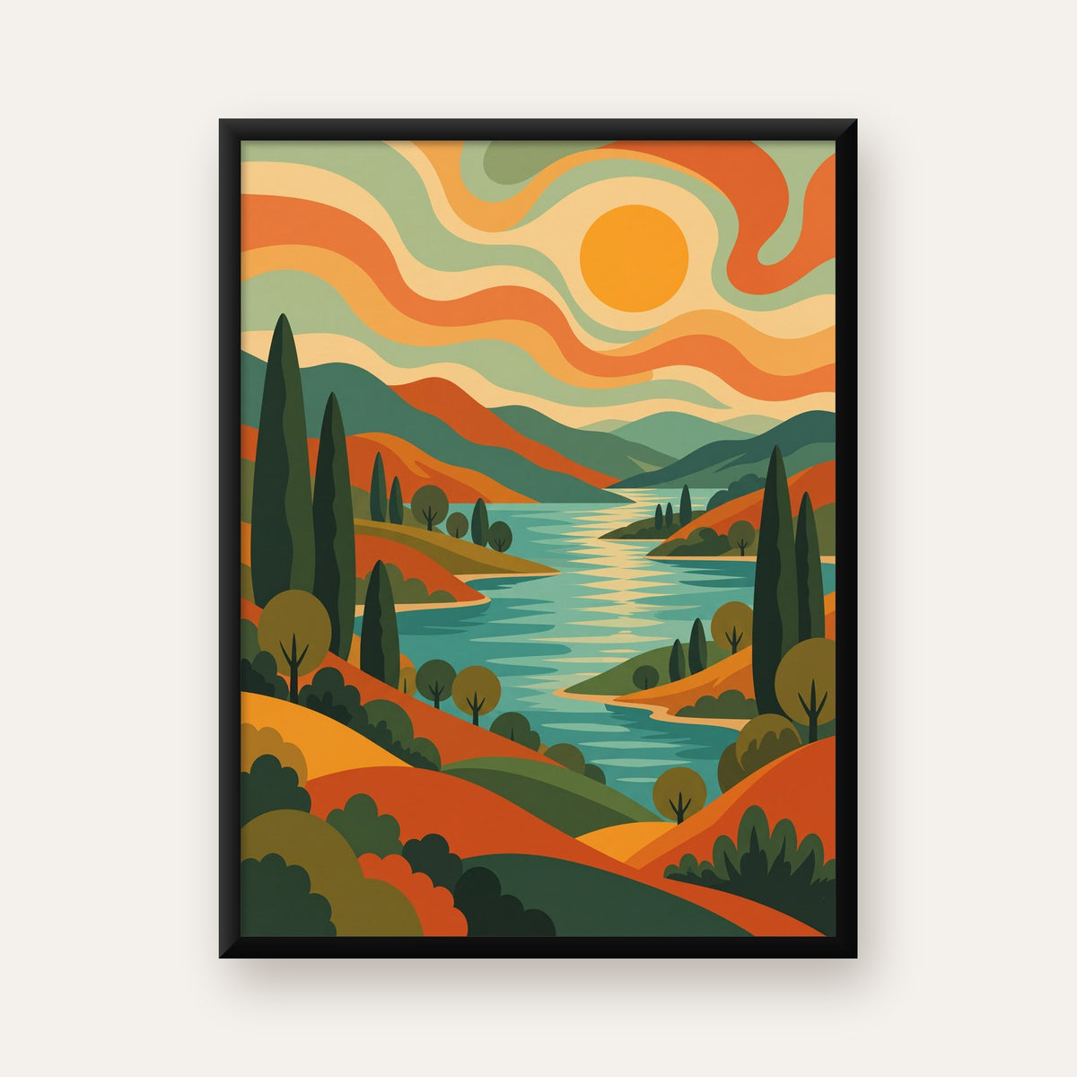 Retro Manzara ve Göl Poster - Modern Renkli Sanat Baskısı — Dikey baskı, düz siyah çerçeveli duvar posteri
