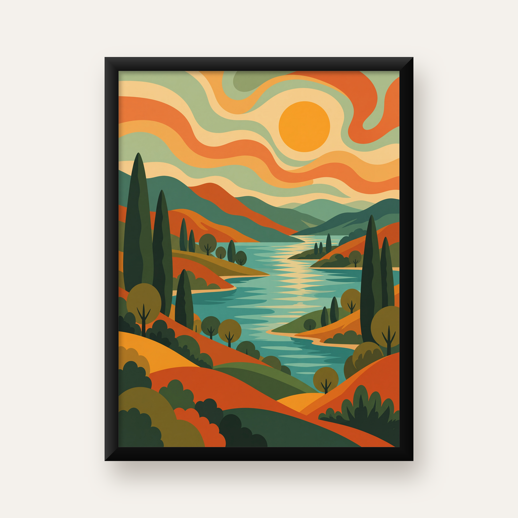 Retro Manzara ve Göl Poster - Modern Renkli Sanat Baskısı — Dikey baskı, düz siyah çerçeveli duvar posteri