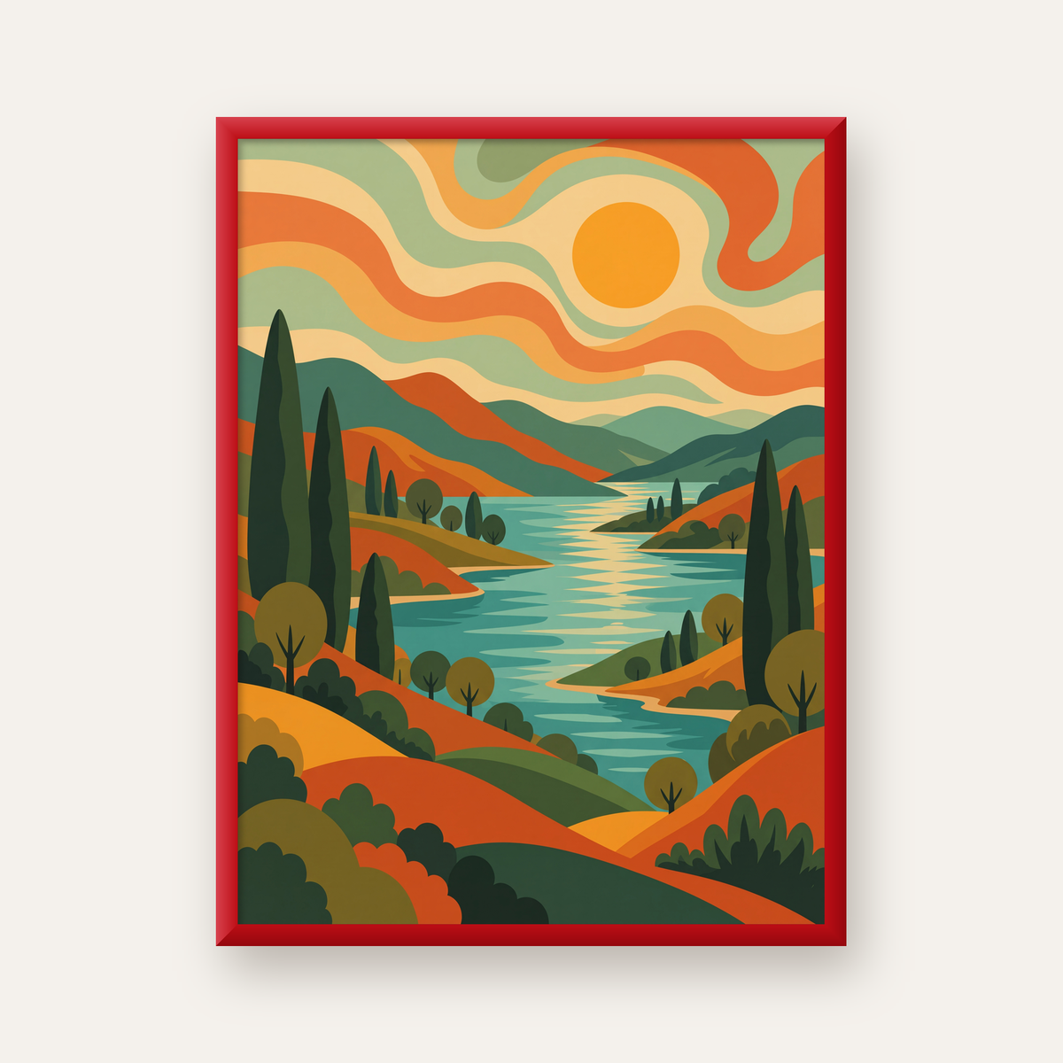 Retro Manzara ve Göl Poster - Modern Renkli Sanat Baskısı — kırmızı çerçeveli