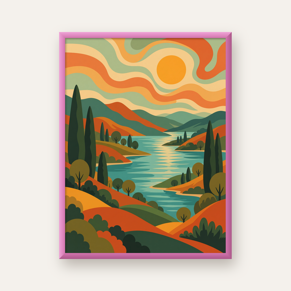 Retro Manzara ve Göl Poster - Modern Renkli Sanat Baskısı — pembe çerçeveli