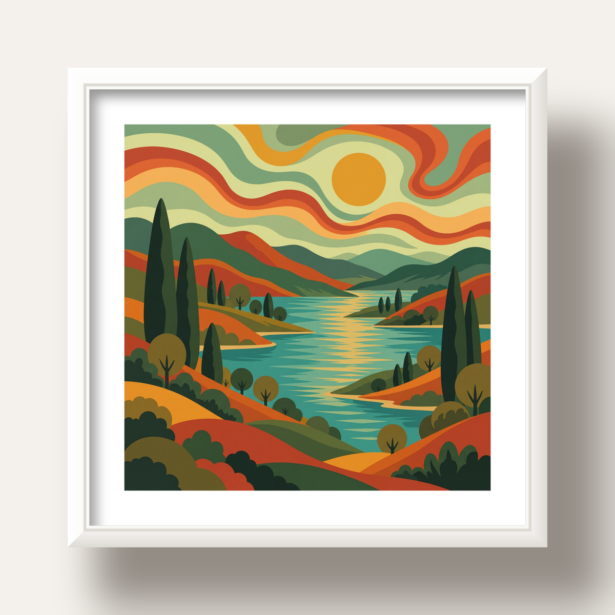 Retro Manzara ve Göl Poster - Modern Renkli Sanat Baskısı — beyaz derin çerçeveli paspartulu