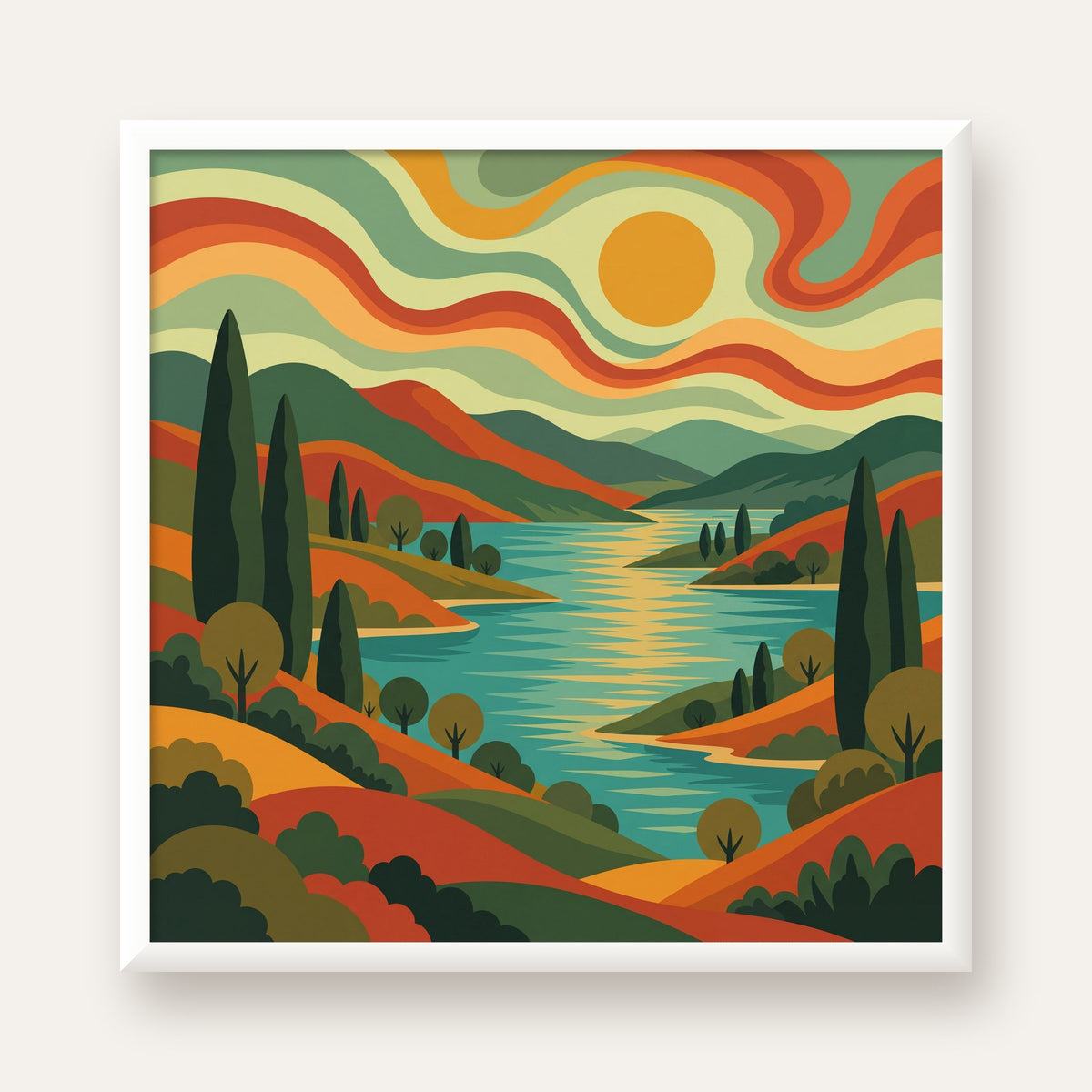 Retro Manzara ve Göl Poster - Modern Renkli Sanat Baskısı — beyaz çerçeveli kare poster