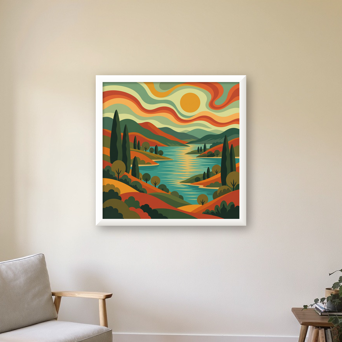 Retro Manzara ve Göl Poster - Modern Renkli Sanat Baskısı — beyaz çerçeveli kare poster