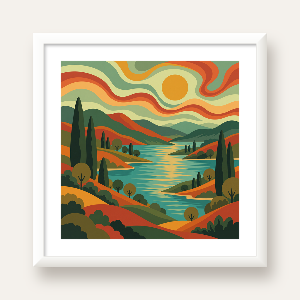 Retro Manzara ve Göl Poster - Modern Renkli Sanat Baskısı — beyaz çerçeveli kare poster