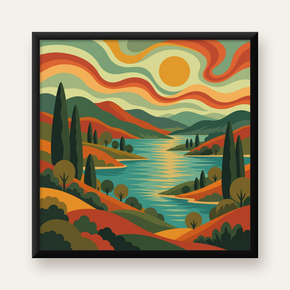 Retro Manzara ve Göl Poster - Modern Renkli Sanat Baskısı — Kare baskı, düz siyah çerçeveli duvar posteri