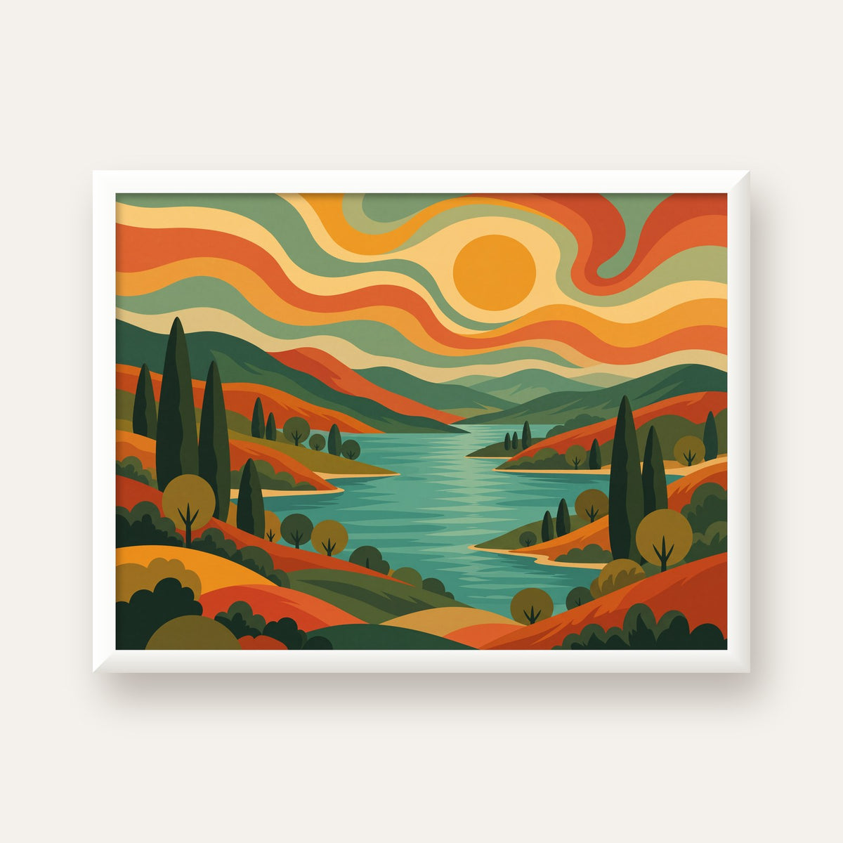 Retro Manzara ve Göl Poster - Modern Renkli Sanat Baskısı — beyaz çerçeveli yatay poster
