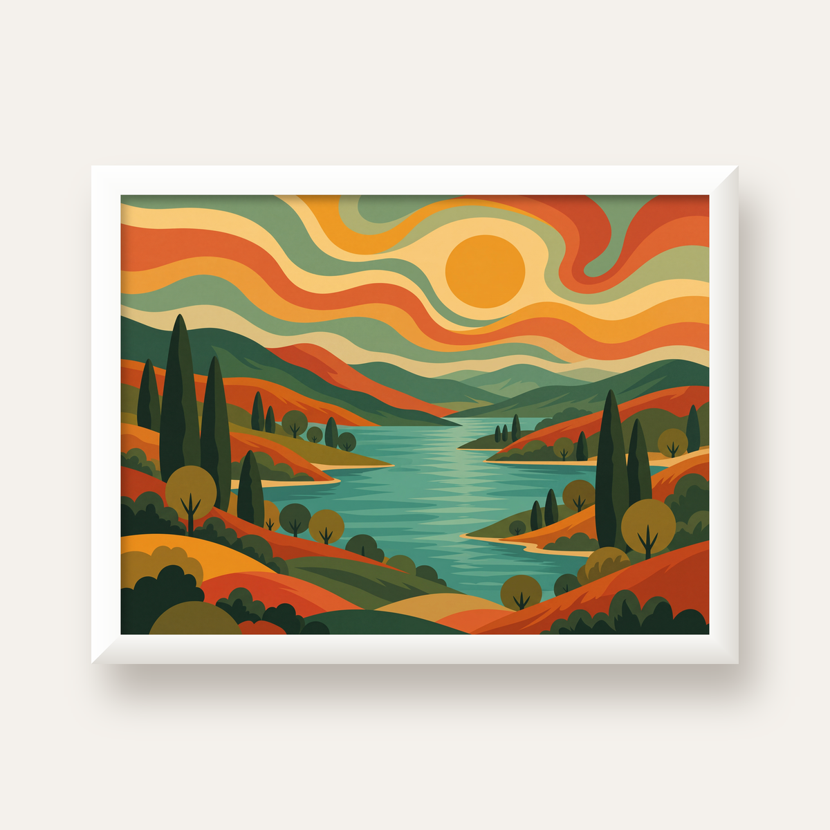 Retro Manzara ve Göl Poster - Modern Renkli Sanat Baskısı — beyaz çerçeveli yatay poster