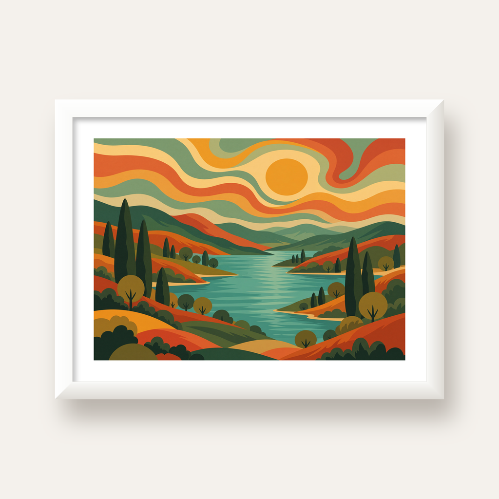 Retro Manzara ve Göl Poster - Modern Renkli Sanat Baskısı — beyaz çerçeveli yatay poster