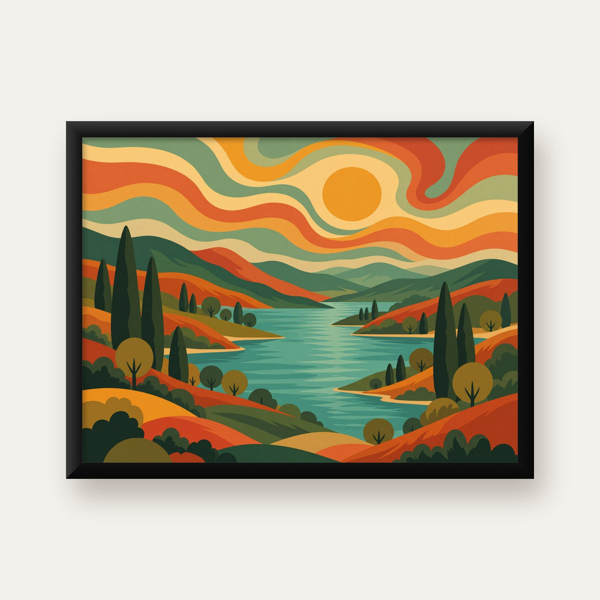Retro Manzara ve Göl Poster - Modern Renkli Sanat Baskısı — Yatay baskı, düz siyah çerçeveli duvar posteri