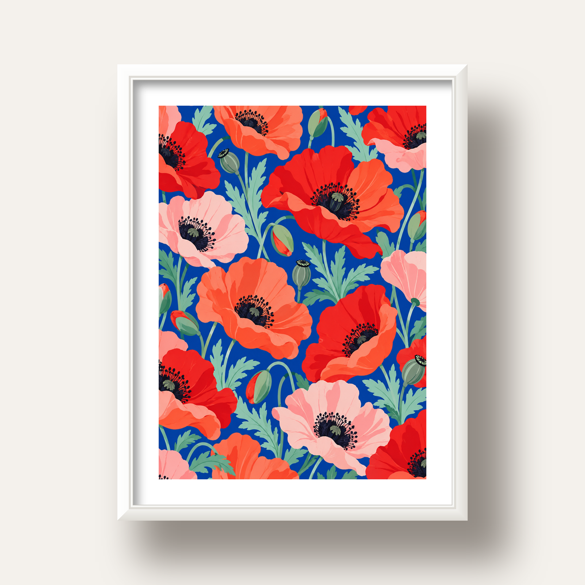 Canlı Gelincik Çiçekleri Desenli Dijital Poster - Renkli Duvar Sanatı — beyaz derin çerçeveli paspartulu