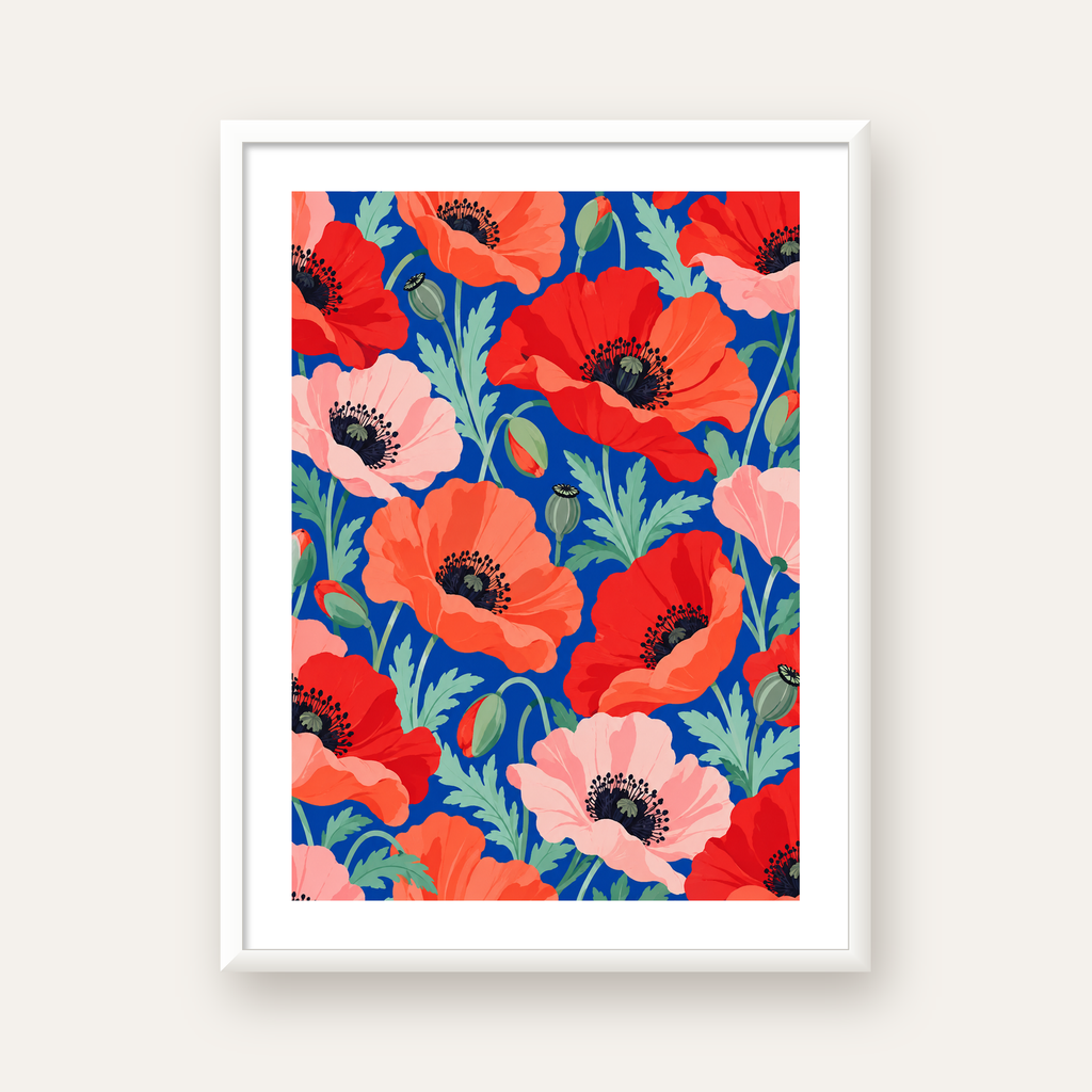 Canlı Gelincik Çiçekleri Desenli Dijital Poster - Renkli Duvar Sanatı — beyaz çerçeveli dikey poster
